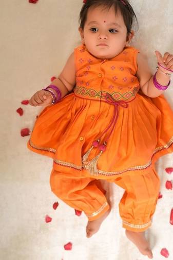 Orange embroidered chanderi silk angrakha kurti set