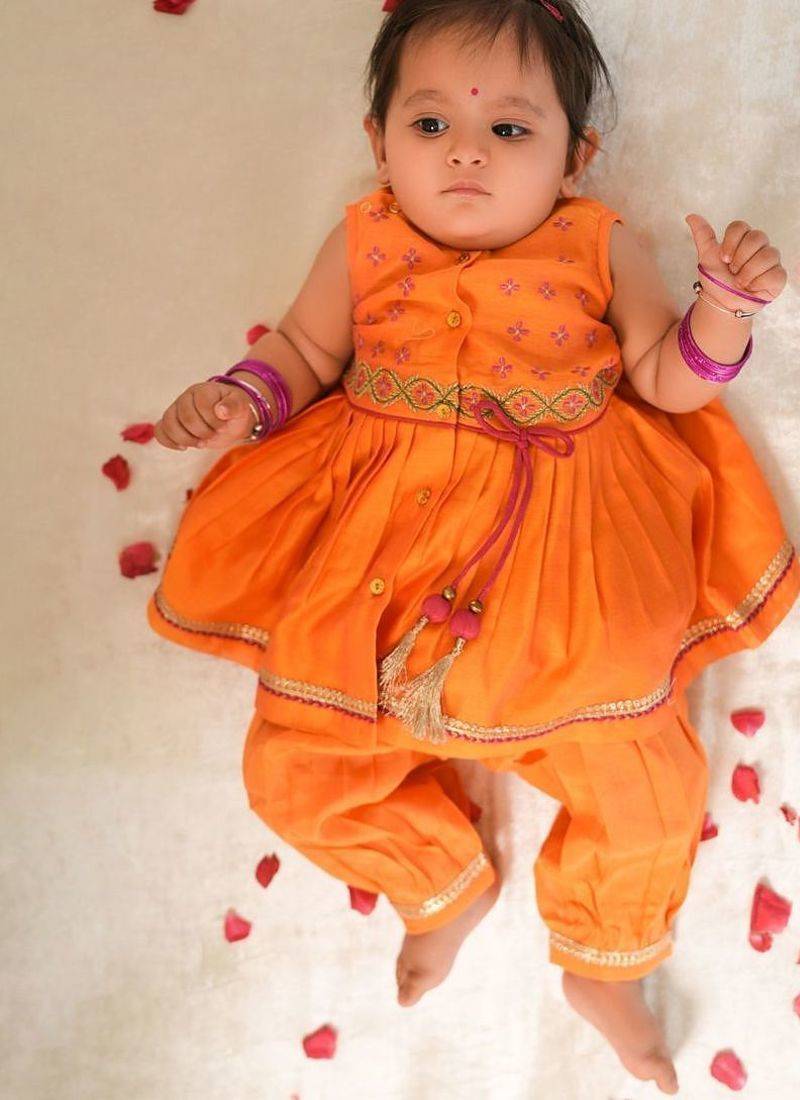 Orange embroidered chanderi silk angrakha kurti set