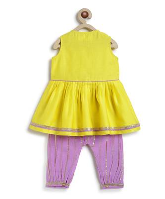 Yellow embroidered chanderi silk angrakha kurti set 4