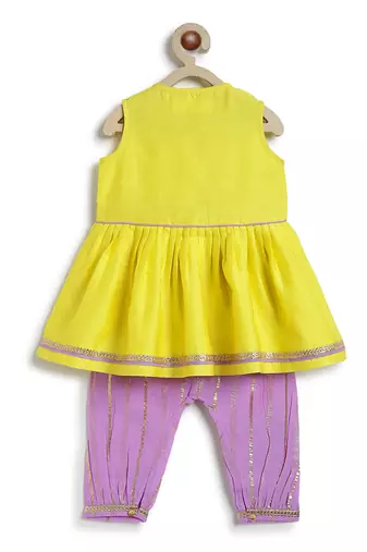 Yellow embroidered chanderi silk angrakha kurti set