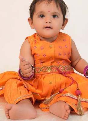 Orange embroidered chanderi silk angrakha kurti set 2