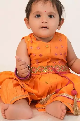 Orange embroidered chanderi silk angrakha kurti set