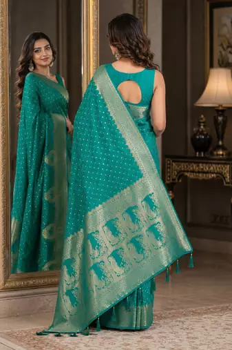 Teal green soft silk blend banarasi jacuard work festive saree with unstitched blouse piece