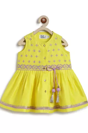 Yellow embroidered chanderi silk angrakha kurti set