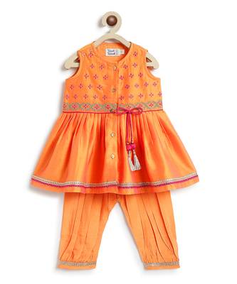 Orange embroidered chanderi silk angrakha kurti set 3