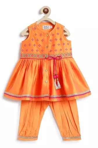 Orange embroidered chanderi silk angrakha kurti set