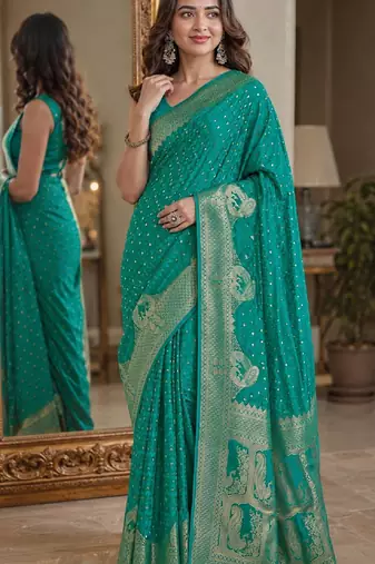 Teal green soft silk blend banarasi jacuard work festive saree with unstitched blouse piece