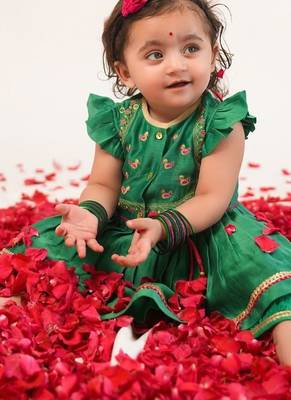 Green embroidered chanderi silk angrakha kurti set 1