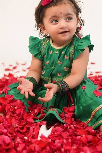 Green embroidered chanderi silk angrakha kurti set