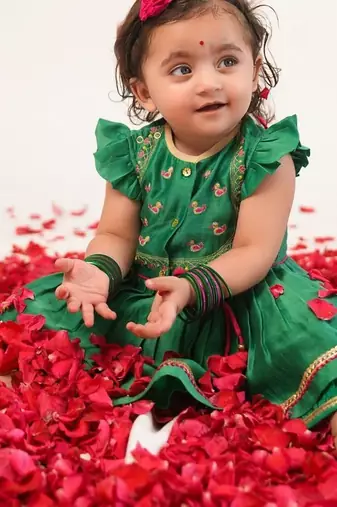 Green embroidered chanderi silk angrakha kurti set