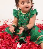 Green embroidered chanderi silk angrakha kurti set