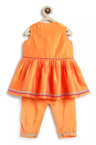 Orange embroidered chanderi silk angrakha kurti set