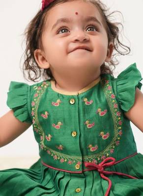 Green embroidered chanderi silk angrakha kurti set 2