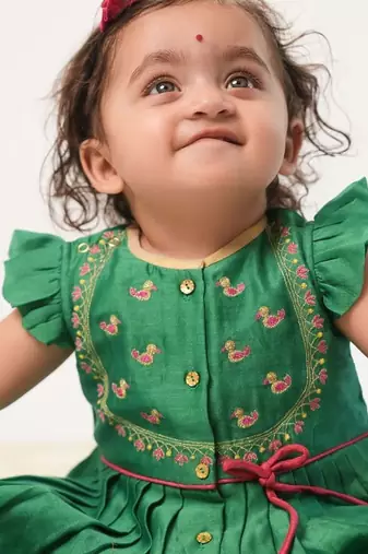 Green embroidered chanderi silk angrakha kurti set