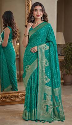 Teal green soft silk blend banarasi jacuard work festive saree with unstitched blouse piece 5