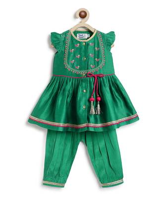 Green embroidered chanderi silk angrakha kurti set 3