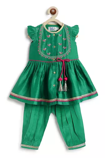 Green embroidered chanderi silk angrakha kurti set