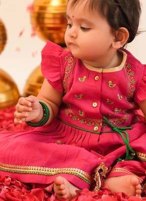 Pink embroidered viscose angrakha kurti set 1