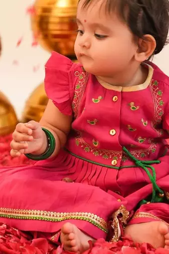 Pink embroidered viscose angrakha kurti set