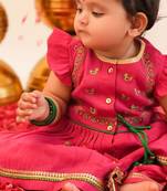 Pink embroidered viscose angrakha kurti set