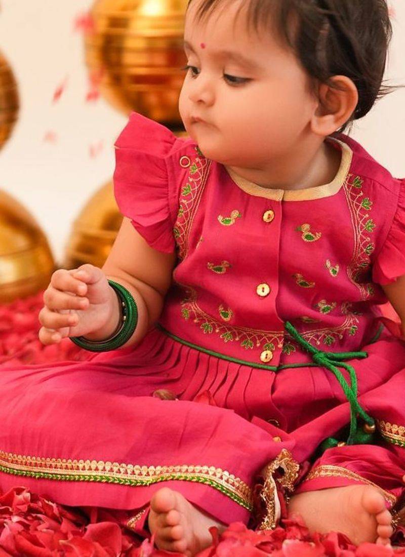 Pink embroidered viscose angrakha kurti set