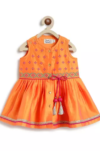 Orange embroidered chanderi silk angrakha kurti set