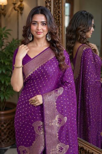 Wine soft silk blend banarasi jacuard work festive saree with unstitched blouse piece
