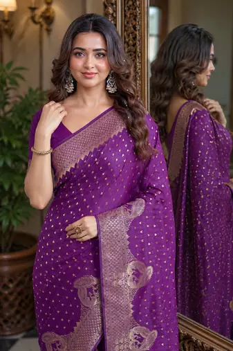 Wine soft silk blend banarasi jacuard work festive saree with unstitched blouse piece
