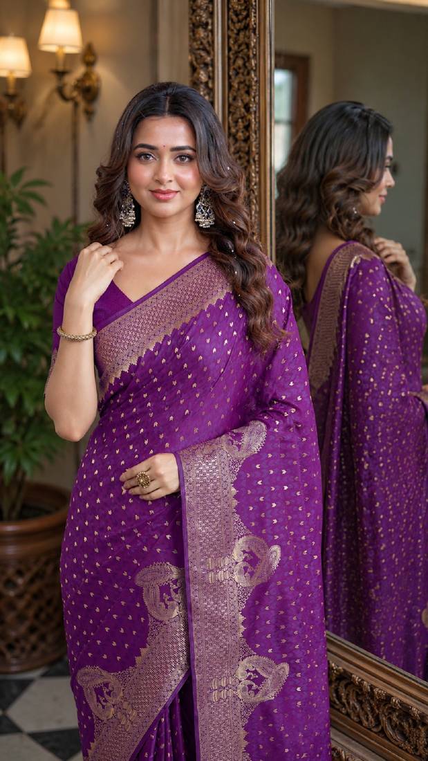 Wine soft silk blend banarasi jacuard work festive saree with unstitched blouse piece
