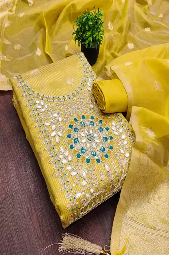  embroidered shimmer unstitched dress material with mirror work yoke