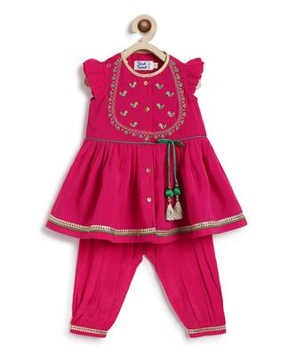 Pink embroidered viscose angrakha kurti set 2