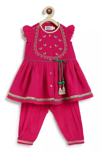 Pink embroidered viscose angrakha kurti set