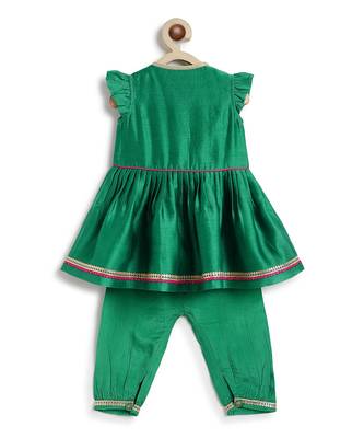 Green embroidered chanderi silk angrakha kurti set 4