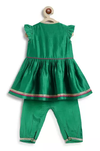 Green embroidered chanderi silk angrakha kurti set