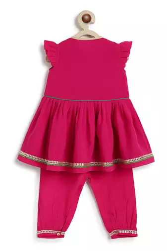 Pink embroidered viscose angrakha kurti set