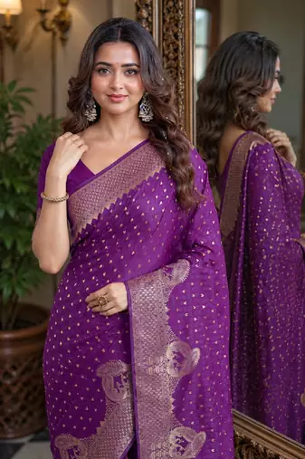 Wine soft silk blend banarasi jacuard work festive saree with unstitched blouse piece