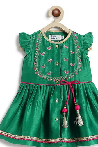 Green embroidered chanderi silk angrakha kurti set