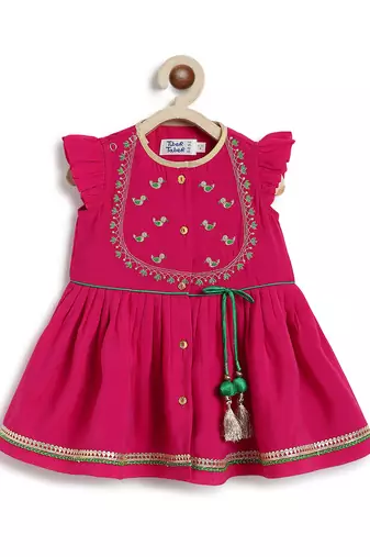 Pink embroidered viscose angrakha kurti set