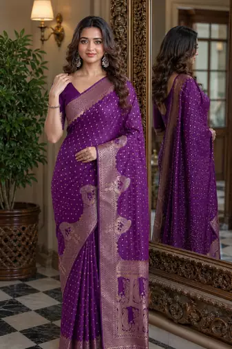 Wine soft silk blend banarasi jacuard work festive saree with unstitched blouse piece