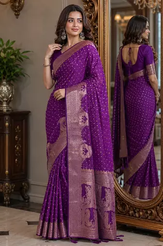 Wine soft silk blend banarasi jacuard work festive saree with unstitched blouse piece