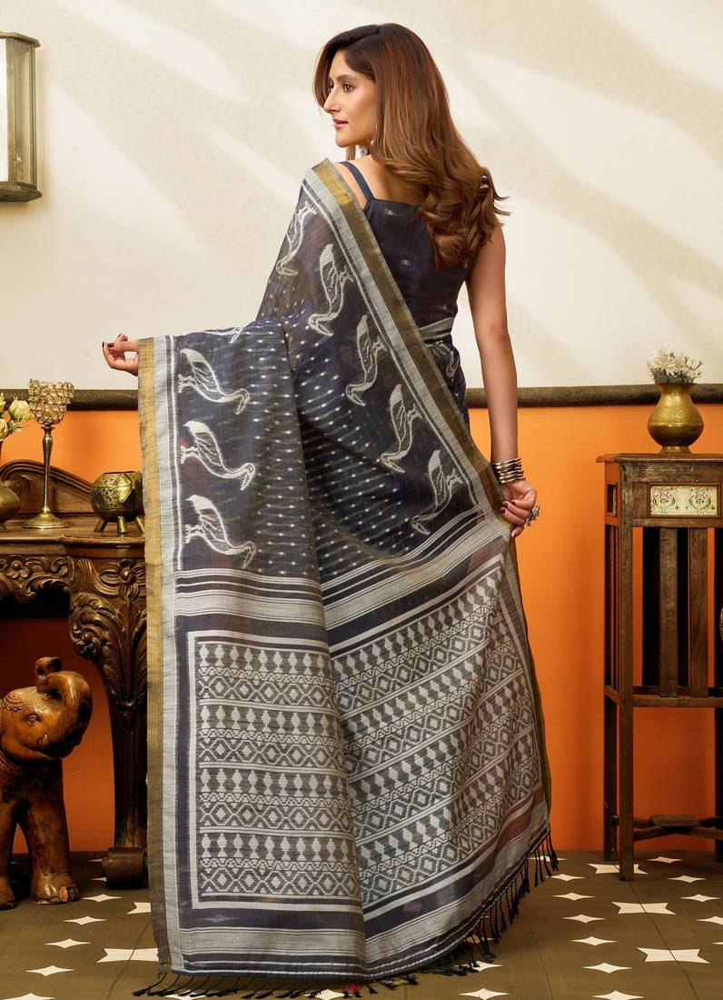 grey smart cotton blend based sophisticated woven jacquard designer saree