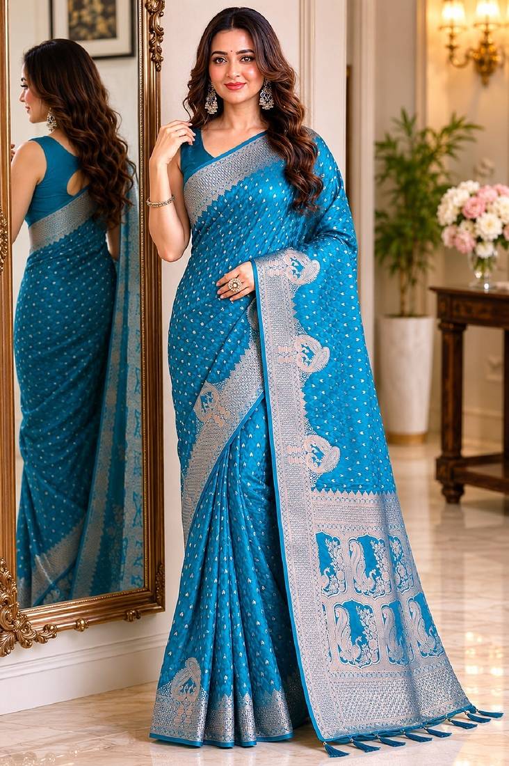 Rama soft silk blend banarasi jacuard work festive saree with unstitched blouse piece