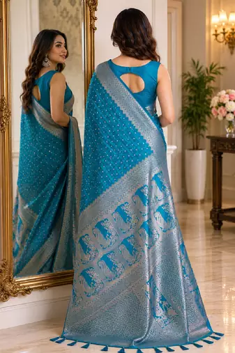 Rama soft silk blend banarasi jacuard work festive saree with unstitched blouse piece