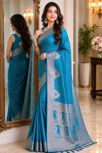 Rama soft silk blend banarasi jacuard work festive saree with unstitched blouse piece