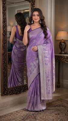 Lavender soft silk blend banarasi jacuard work festive saree with unstitched blouse piece 1