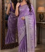 Lavender soft silk blend banarasi jacuard work festive saree with unstitched blouse piece