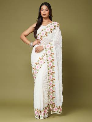 White color beautiful moss chiffon fabric beautiful partywear saree 1