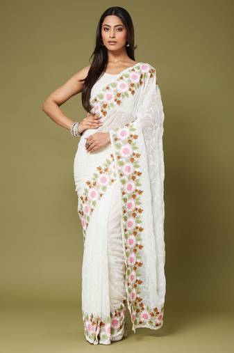 White color beautiful moss chiffon fabric beautiful partywear saree