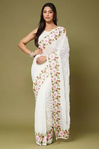 White color beautiful moss chiffon fabric beautiful partywear saree