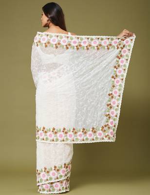 White color beautiful moss chiffon fabric beautiful partywear saree 2